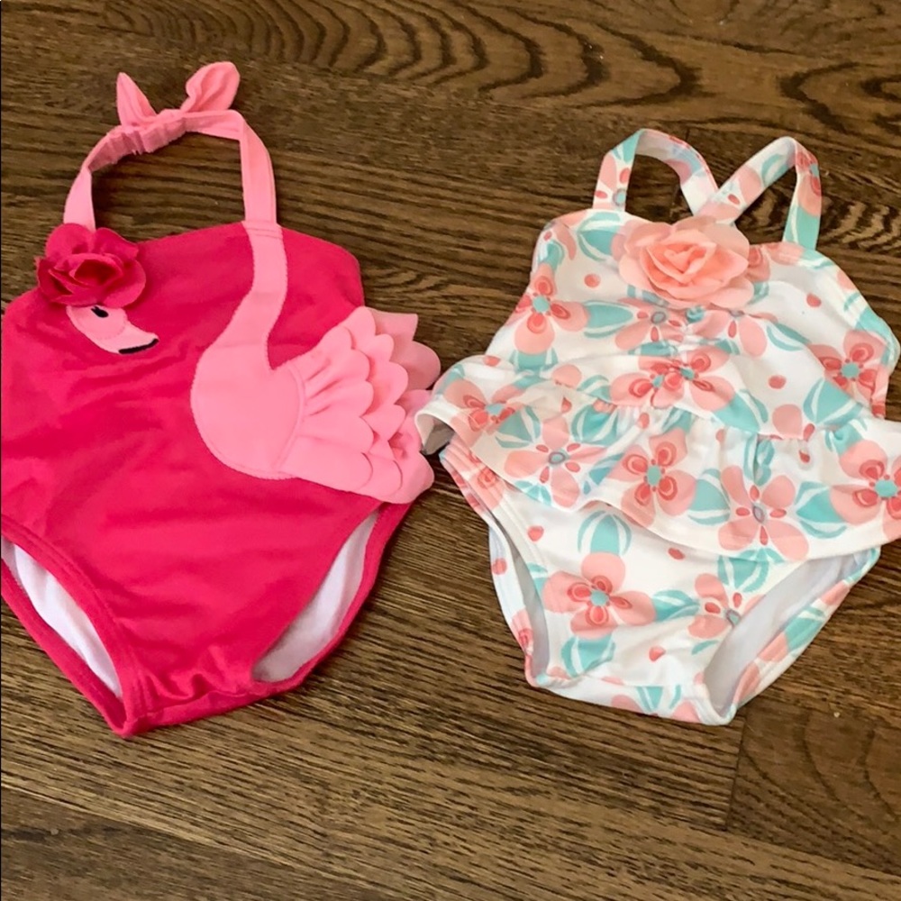 Gymboree Pink Flamingo & Floral Ruffle Swimsuits - Pink, Coral, Teal, White